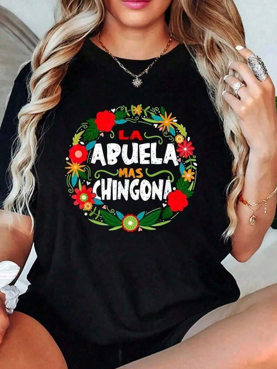 Camiseta de Verano 100% Algodón La Abuela Más Chingona Mexicana para Mujer, Camiseta de Manga Corta para Mujer, Estilo Básico para Uso Interior y Exterior - Negro - Ver 1