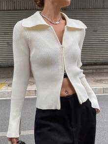 Chaqueta de punto con cremallera de unicolor casual de negocios para mujer - Beis - Ver 5