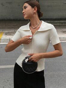Chaqueta de punto con cremallera de unicolor casual de negocios para mujer - Blanco - Ver 4