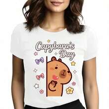 Tops para mujer de manga corta con cuello redondo de mezcla de algodón para mujer, diseño Capybara's Day, linda y casual. - Blanco - Ver 6