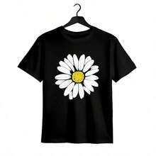 Tops para mujer Casual de Algodón de Manga Corta con Estampado Floral de Margaritas y Cuello Redondo para Mujer, Perfecta para Uso Diario y con un Estilo Lindo - Negro - Ver 1