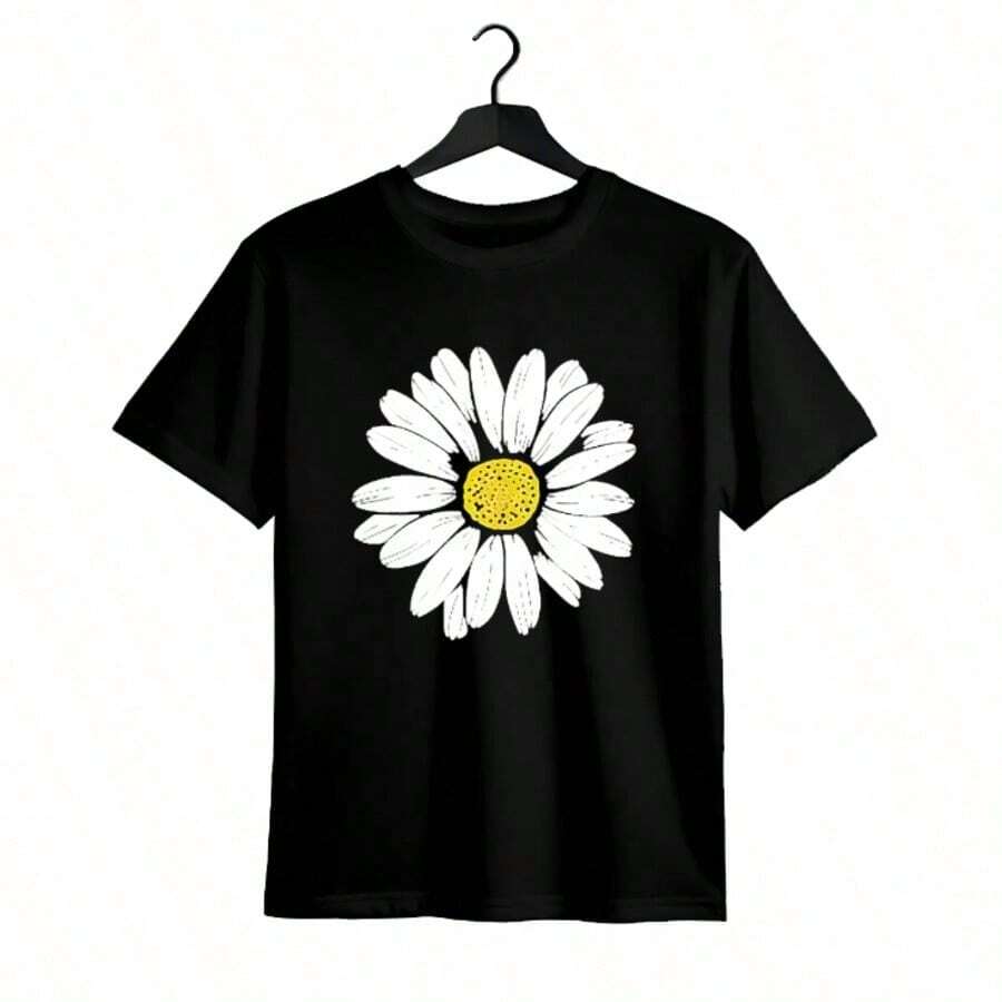 Tops para mujer Casual de Algodón de Manga Corta con Estampado Floral de Margaritas y Cuello Redondo para Mujer, Perfecta para Uso Diario y con un Estilo Lindo - Negro - Ver 1