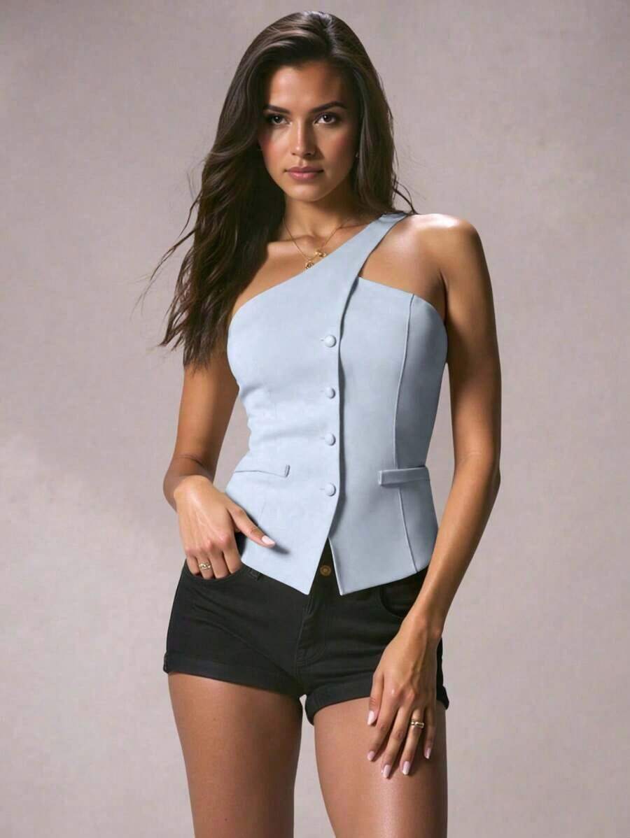 Blazer informal sin mangas de color albaricoque para mujer, conjunto de verano versátil - Azul - Ver 1