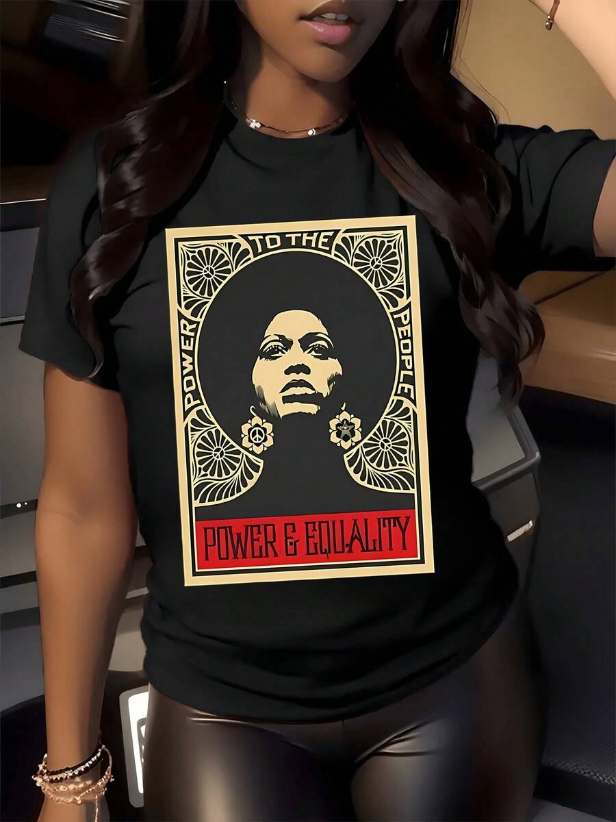 Figura artística con marco dorado y mensaje que transmite la fuerza interior y la unión entre las personas creando una sensación de empoderamiento y armonía en cada detalle camiseta de mujer moderna y cómoda para uso casual - Negro - Ver 1