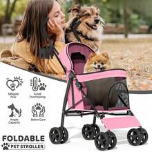 Carriola para mascotas de 4 ruedas, fácil de plegar para cachorros, con cubierta solar, almohadilla y bolsa de almacenamiento trasera, malla transpirable y visible para mascotas - Rosado - Ver 1
