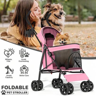Carriola para mascotas de 4 ruedas, fácil de plegar para cachorros, con cubierta solar, almohadilla y bolsa de almacenamiento trasera, malla transpirable y visible para mascotas