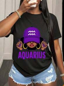 camiseta con gráfico del signo zodiacal Acuario, con gorra morada y diseño audaz para entusiastas de la astrología. Camiseta de moda para mujer con temática celestial y colores vibrantes, perfecta para uso diario y celebraciones zodiacales. 100% algodón suave. - Negro 2 - Ver 7