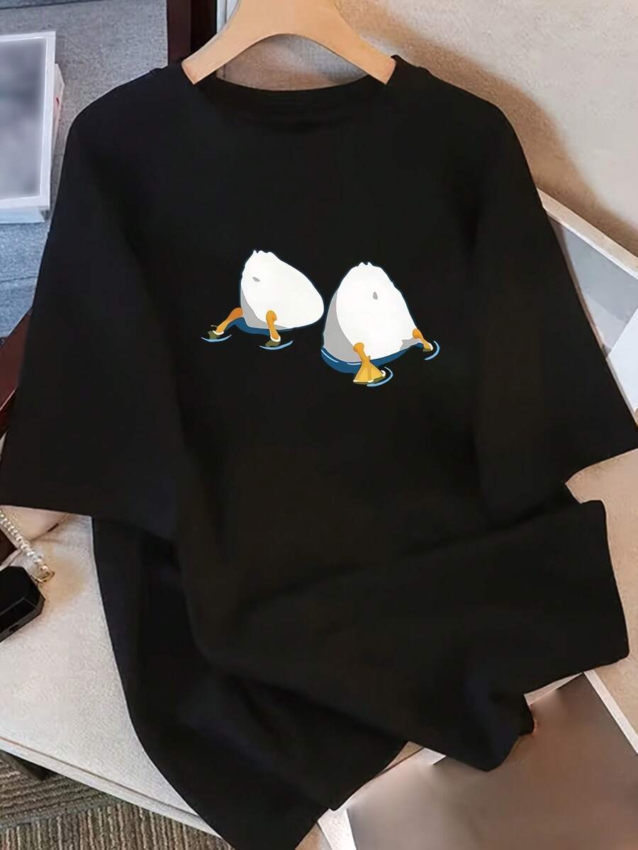 Camiseta Casual de Manga Corta para Mujer, Cuello Redondo Suelto y Cómoda, Ropa Versátil y Vital para el Verano 2025 - Negro - Ver 1