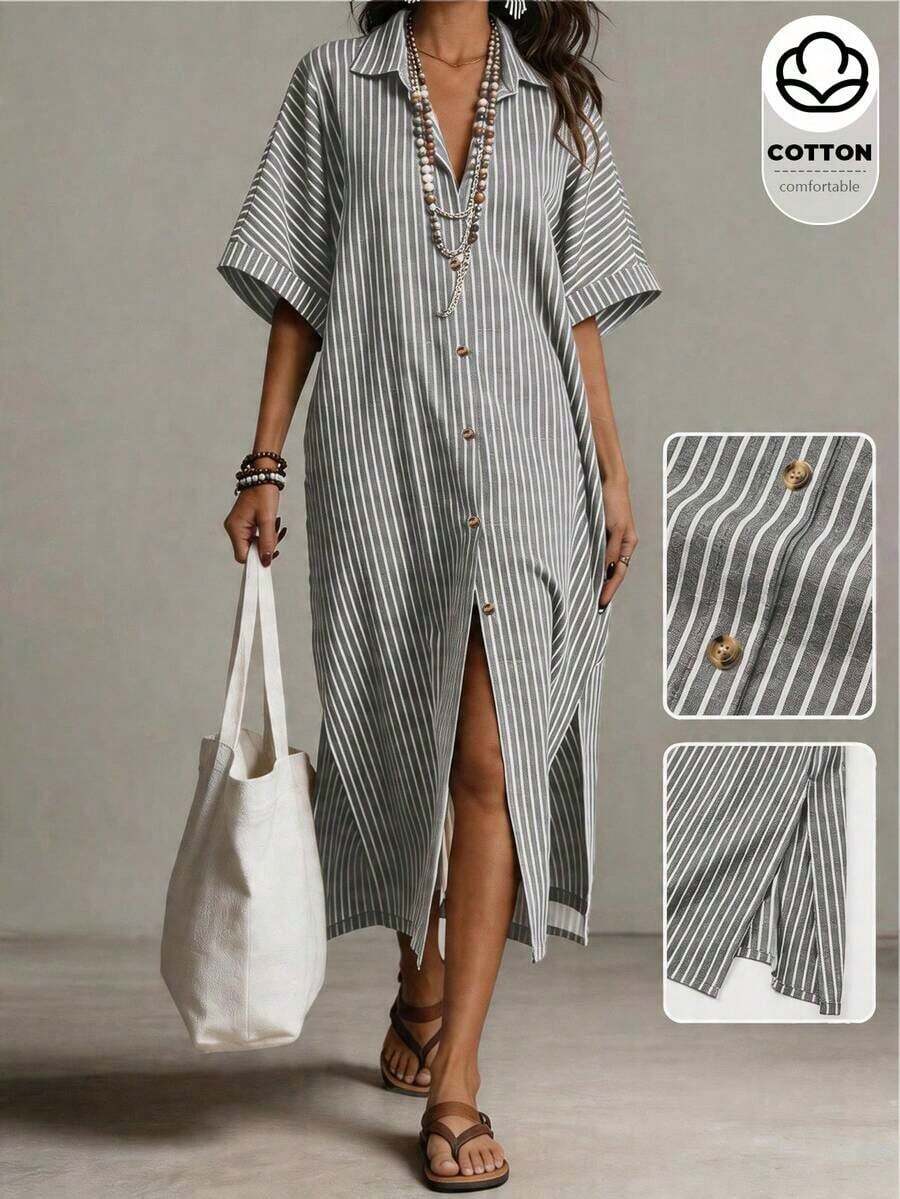 Holidaya Vestido casual de verano de algodón y lino con botones delanteros a rayas para mujer - Gris Oscuro - Ver 1