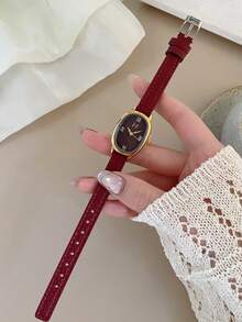 1 pieza Reloj de cuarzo para mujer con correa ajustable estilo retro, elíptico con escala de números romanos, compacto y perfecto para uso diario - Rojo - Ver 4
