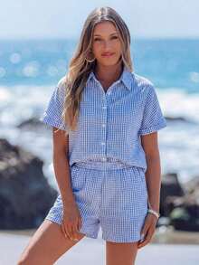 Conjunto informal de dos piezas de camisa a rayas de colores y pantalones cortos, ideal para vacaciones - Azul - Ver 6