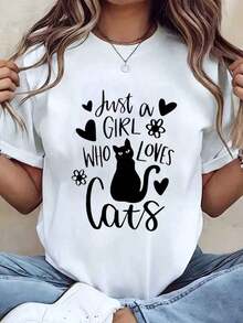 Camiseta de Mujer con Estampado "Solo Soy Una Chica Que Ama a los Gatos", Cuello Redondo, Corte Holgado Casual, Ideal para Uso Diario y Regalo, 100% Algodón - Blanco - Ver 6