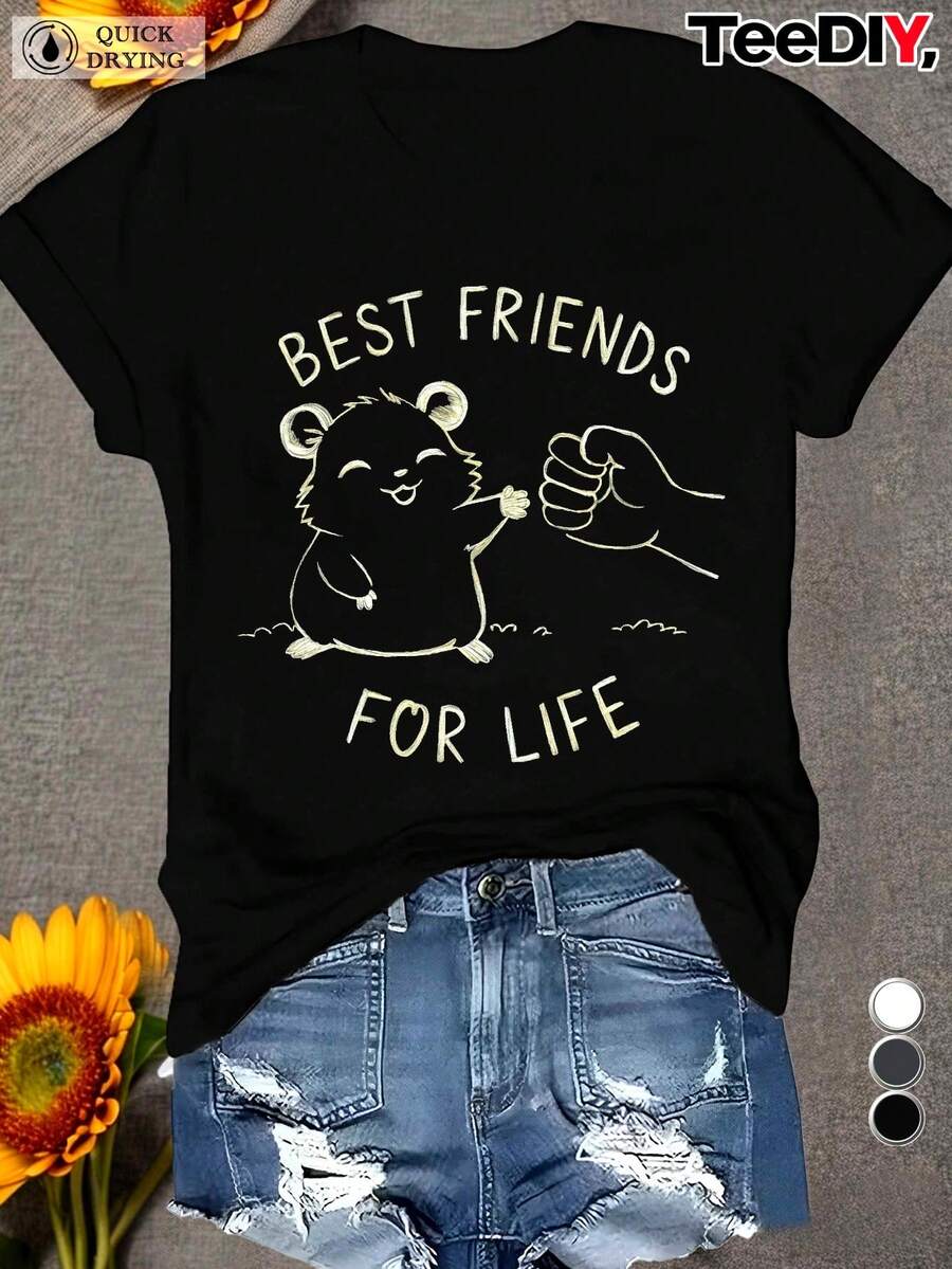Camiseta de talla grande para mujer con divertido estampado de hámster - Frase "Mejor amigo de por vida", combinada con lindos diseños de hámster y huellas de pata - Camiseta suave para uso diario, ideal para amantes de las mascotas - Adecuada para todas las estaciones, lavable a máquina. Camisetas gráficas de verano para mujer - Camiseta casual estampada para mujer, manga corta y cuello redondo, moda urbana local de primavera/verano. - Negro - Ver 1