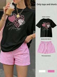 Women's Summer Clothing Set, Including A Short-Sleeved T-Shirt With A Heart Print And The Phrase "Love Always" Along With An Animal Design, Suitable For Everyday Wear, Casual Occasions, And Beach Vacations. Leisure - 黑色 - 查看 7