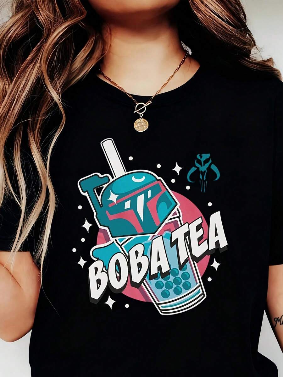 Boba Tea Mandalorian Helmet Design Women's T-Shirt Casual Fun Graphic Shirt For Tea Lovers And Pop Culture Fans - 黑色 - 查看 1