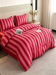 3pieces Simple Style Orange Stipe Bedding And Duvet Set Duvet Cover Queen Size -Super Soft Polyester Duvet Covers Collection - Lightweight, Duvet Cover - Soft Breathable Bedding (Queen, Orange) - Hot Pink - View 4