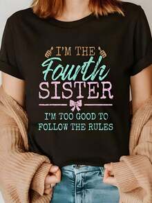 Camiseta genial informal para mujer con estampado gráfico "La Cuarta de las Cinco Hermanas" - Camiseta de manga corta con cuello redondo y estampado vibrante, perfecta para verano y primavera, lavable a máquina, camisetas de moda para damas. - Negro - Ver 7