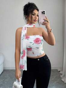 Top de camisola plisado con decoración de bufanda de malla elegante para mujeres - Rosa - Ver 7