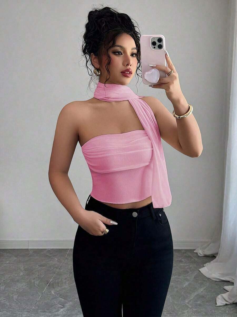 Top de camisola plisado con decoración de bufanda de malla elegante para mujeres - Rosa 2 - Ver 1