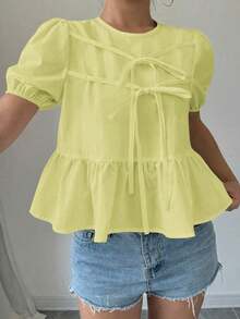 Blusa de verano de mujer con cuello redondo, manga corta abullonada, lazo y volante en la cintura - Amarillo - Ver 4