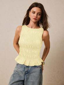 Camiseta de mujer informal de cuello redondo con pliegues de color liso y versátil - Amarillo - Ver 8