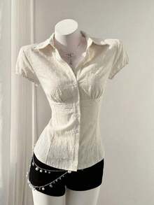 Jafgg Elegante Camisa Blanca de Tela Tejida para Mujer, Manga Corta, Casual, Lisa, con Detalle Fruncido en el Busto - Albaricoque - Ver 5