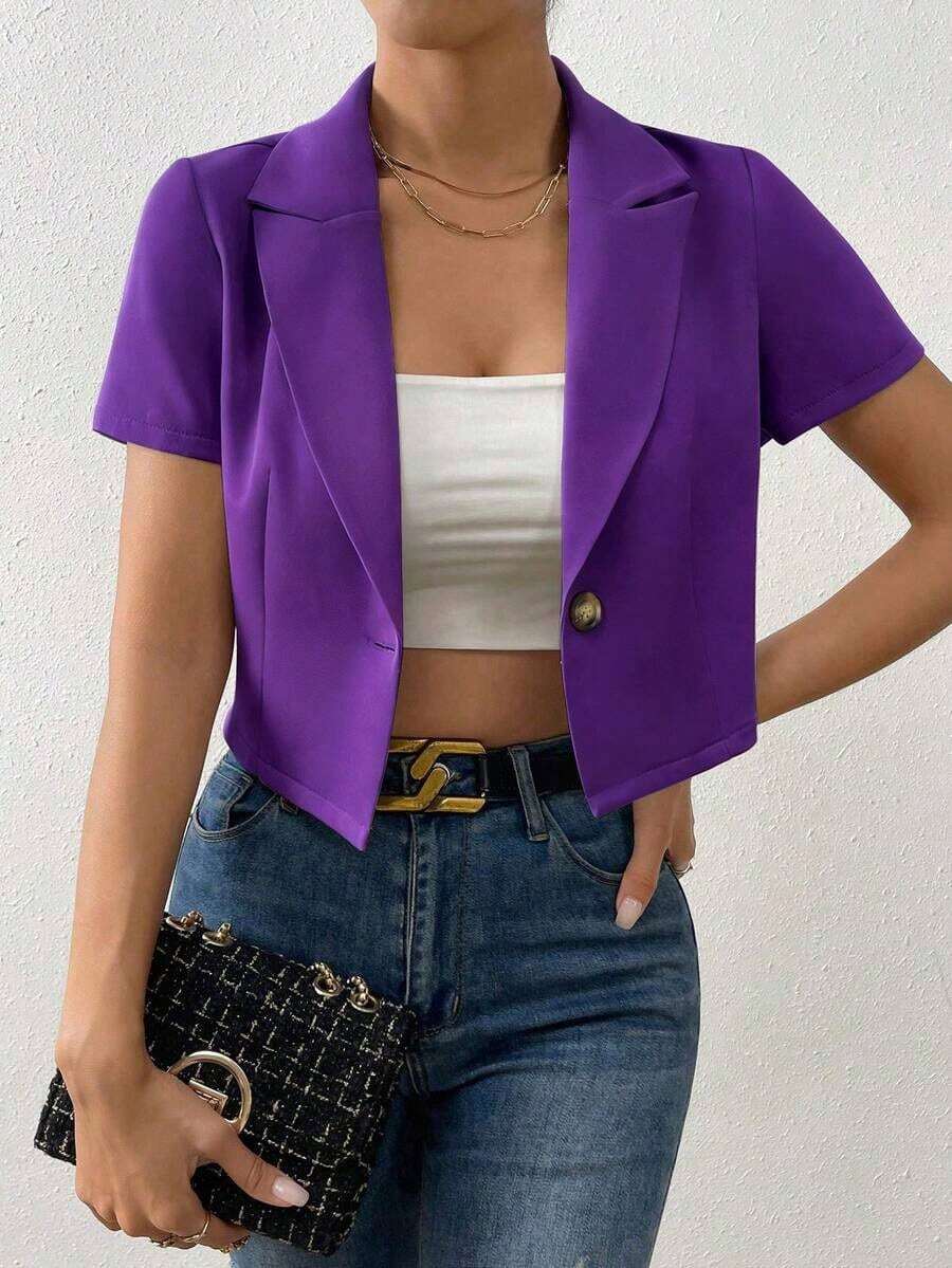 Blazer de mujer de unicolor con un solo botón y manga corta, para uso casual en verano - Morado - Ver 1