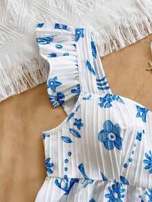 Camisa de mujer de manga corta para vacaciones de primavera/verano, de tela texturizada, adecuada para festival de música, estilo bohemio, citas de vacaciones, tarde de té - Azul y blanco - Ver 3