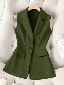 Chaleco sin mangas de unicolor y estilo minimalista para mujer, elegante - Verde militar - Ver 1