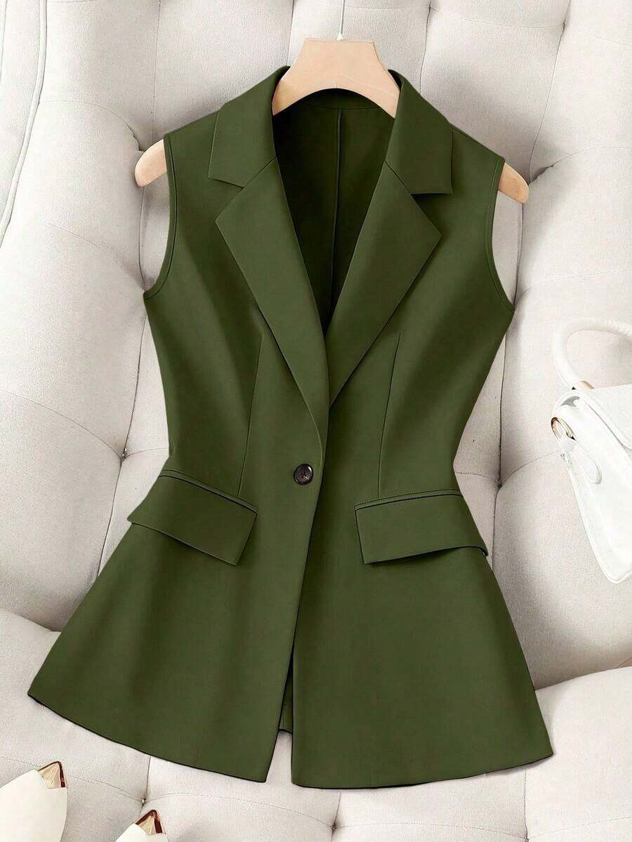 Chaleco sin mangas de unicolor y estilo minimalista para mujer, elegante - Verde militar - Ver 1