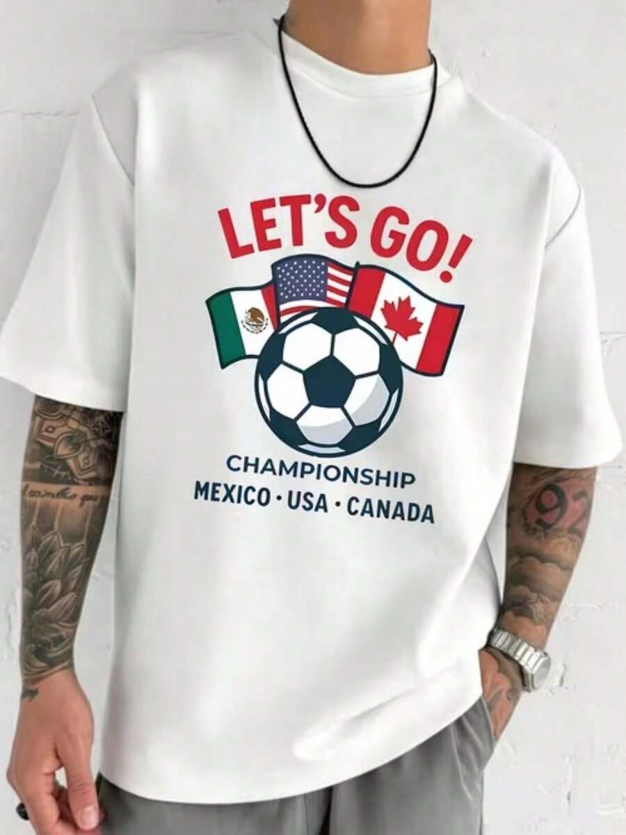 Camiseta de hombre, camiseta estampada para hombre, con un divertido diseño temático de la Copa USA-Canadá-México, diseño de estampado de estilo urbano, imprescindible para los aficionados al fútbol y entusiastas de los eventos deportivos, ropa conmemorativa, un esencial de verano, una compra obligatoria para los aficionados al fútbol, estilo unisex, versátil, lavable a máquina, adecuada como regalo de cumpleaños para parejas o como regalo de amistad para compañeros de fútbol. - Negro - Ver 1
