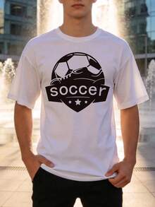 1 pieza Camiseta gráfica estampada cómoda para hombre con diseño de fútbol, camiseta casual de manga corta y cuello redondo, adecuada para uso diario, atuendos casuales, reuniones de amigos y actividades de verano - Negro - Ver 6