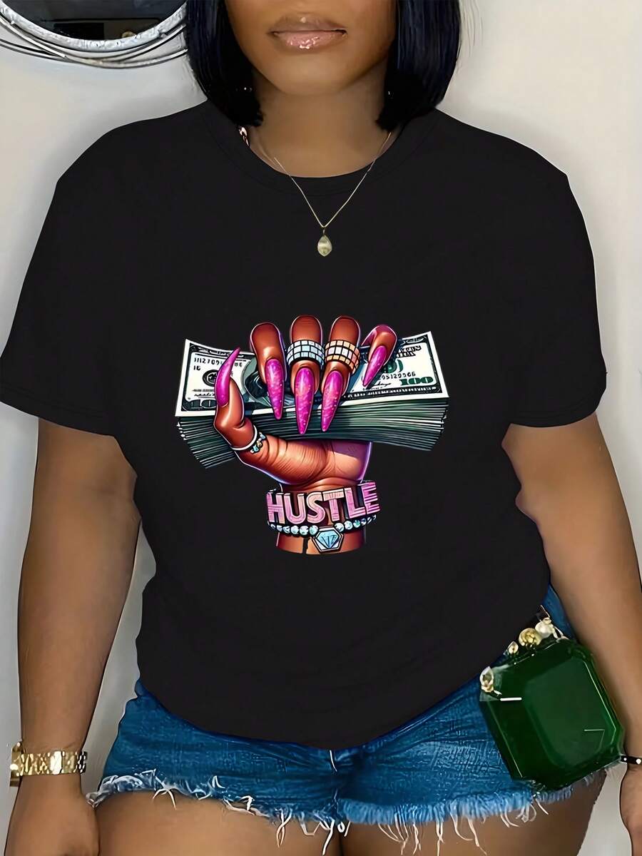Unisex T-Shirt Made Of Pure Cotton, Women's "Hustle" Graphic T-Shirt - 100% Stretchable, Trim, Neck, Short Sleeves, Top With Bold Pink Hustle Print, Not See-Through & Machine Washable, Black, Casual, For Spring/Summer, Casual Clothing, Women's Shirts, Everyday Comfort, Relaxed Fit, Not See-Through Fabric, Spring Fashion, Design, Breathable Material, Printed Shirt, Fashion Lovers, Summer T-Shirt, Summer Clothing For Women, Men's Summer Outfit, Women's Shirt, Creative Design, Outdoor Play, Cool Style, Fun Design, Great For Outdoor Play - Black - View 1