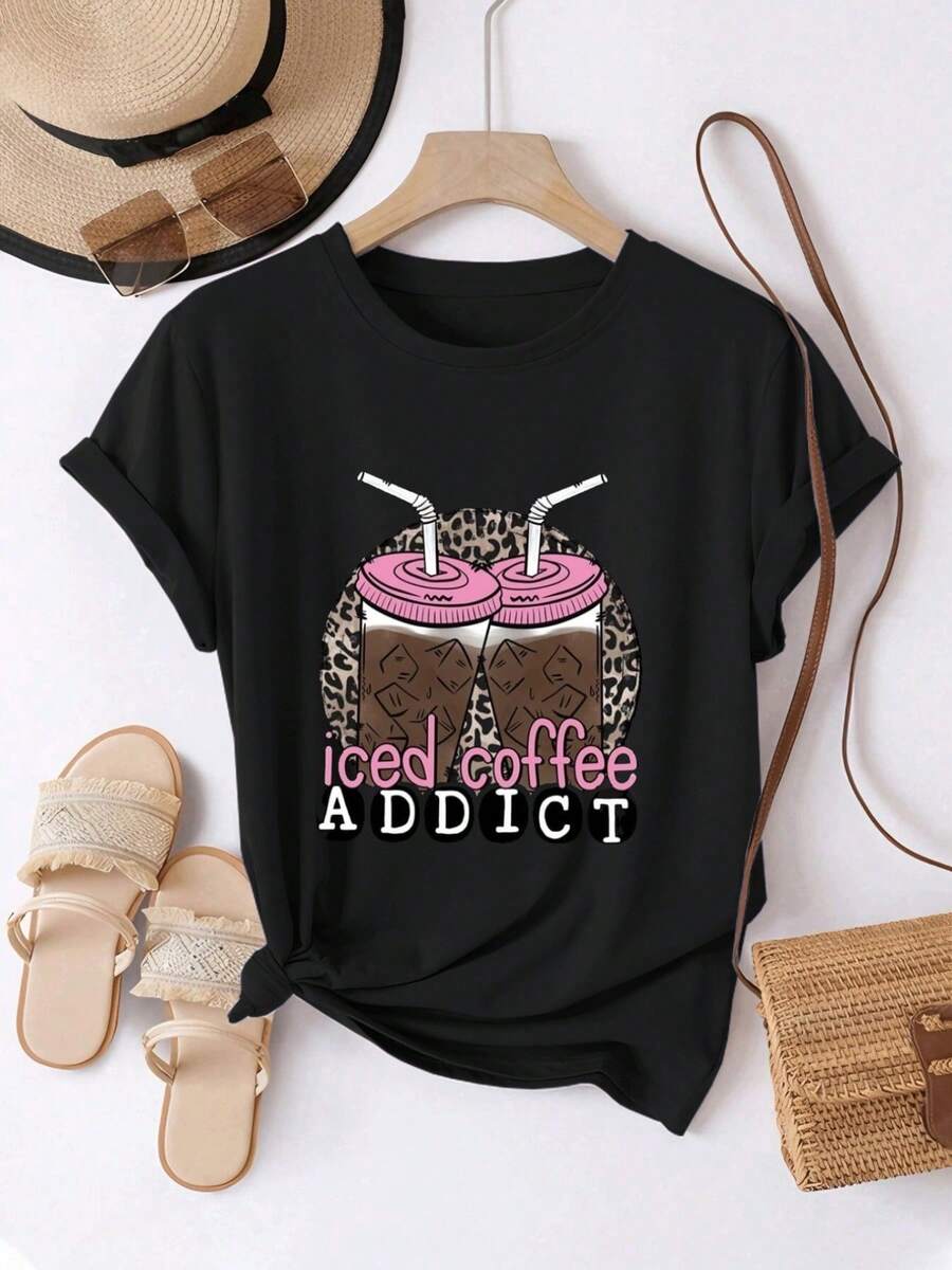 Camiseta de mujer, cómoda y casual, de manga corta y cuello redondo, con estampado de leopardo y diseño de taza de café helado, divertida y elegante, de longitud regular, adecuada para todas las estaciones, moda diaria para la ropa femenina de primavera y verano. - Negro - Ver 1