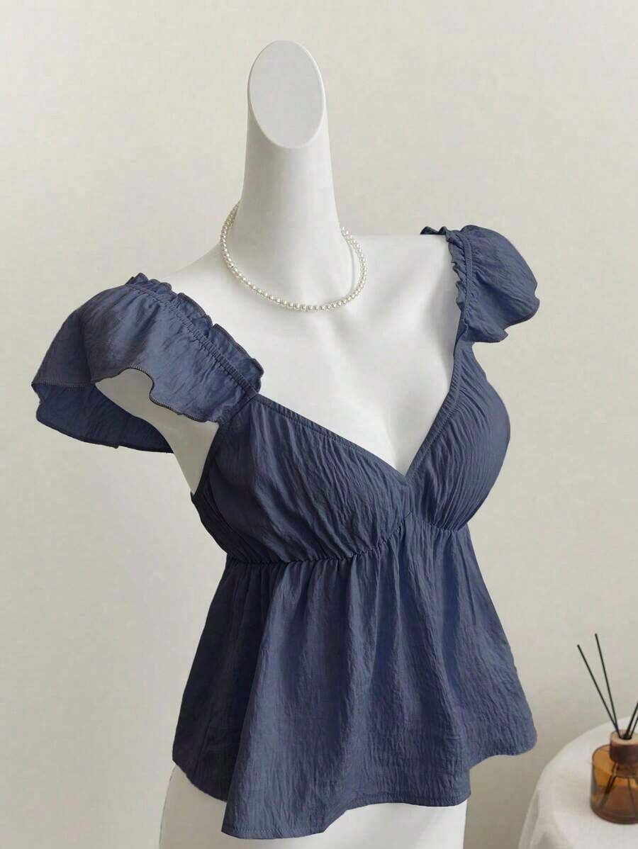 Top corto de camisola con escote bajo y espalda descubierta, con manga tipo gorra y volantes en azul, diseño sexy - Azul marino - Ver 1