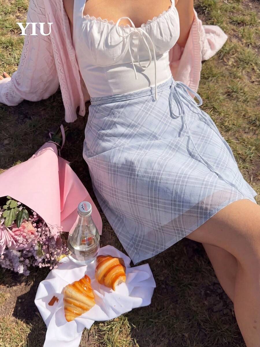 YIU Rhombus Plaid Bow Tie Sweet Cute Casual Versatile Chiffon Mini Skirt, Party & Street Style, New Summer Back To School Women Fashion - Dusty Blue - View 1