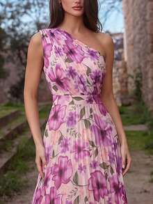 Faeriesty Vestido formal elegante con estampado floral, diseño de un solo hombro con falda plisada - Vestido de lujo adecuado para fiestas de jardín, desfiles de moda modernos, galas elegantes y sesiones de fotos con estilo, esencial para bodas de vacaciones - Rosa - Ver 5