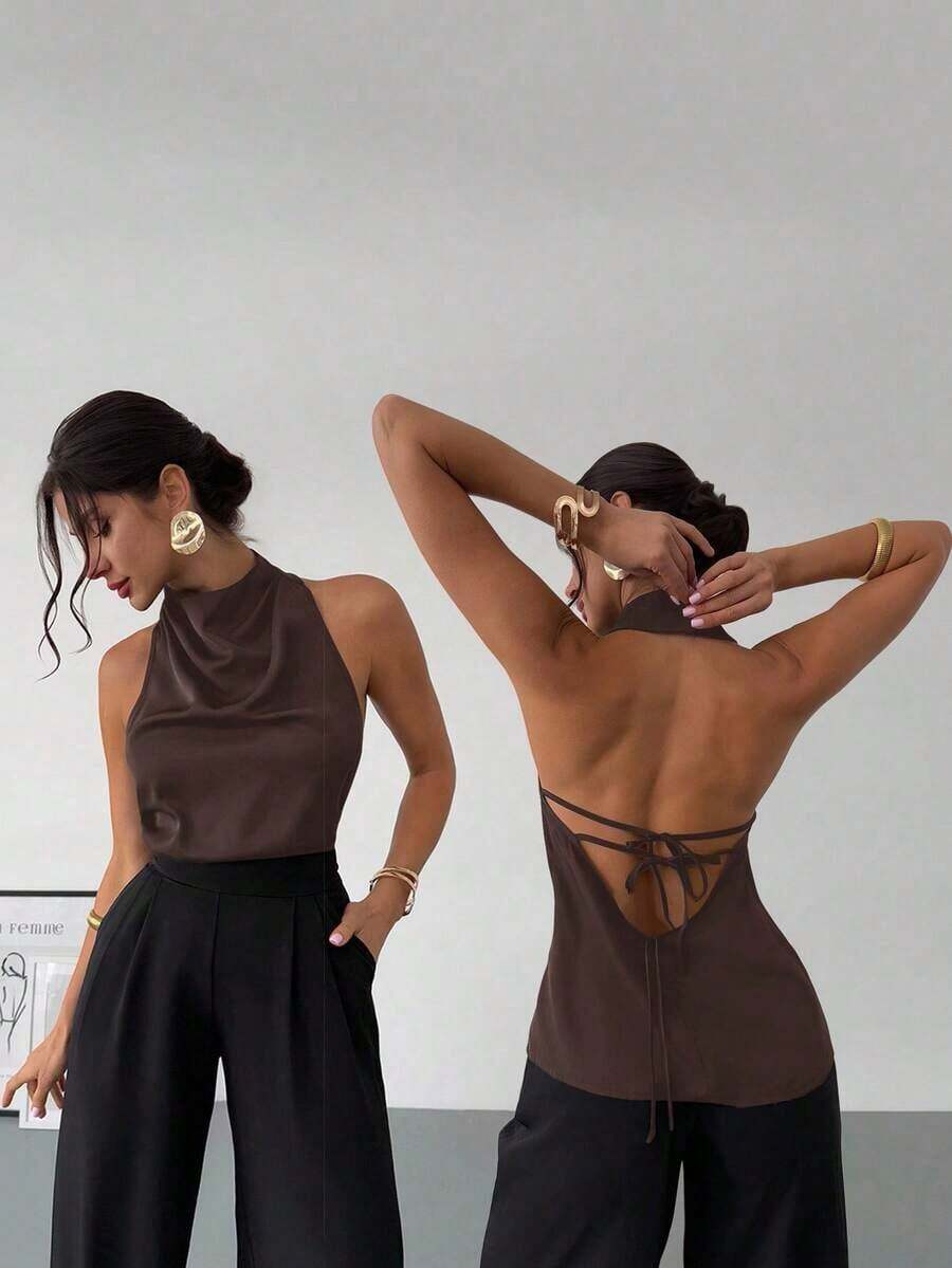 negra ajustada de estilo casual y elegante para la temporada de primavera/verano, con cuello asimétrico, sin mangas, escote halter, espalda descubierta y decoración de lazo - Marrón Chocolate - Ver 1