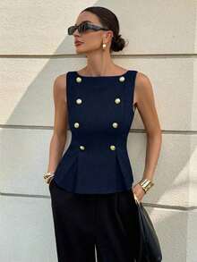 Blusa elegante sin mangas con cintura ceñida para uso diario, verano - Azul marino - Ver 3