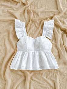 Blusa de corte de línea A con cuello cuadrado, manga corta y estampado retro azul y blanco, adecuada para fiestas, citas, el Día de San Valentín, el té de la tarde - Blanco - Ver 4