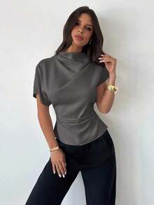 Blusa de bambú y lino con cuello arrugado, mangas asimétricas, plisado lateral y cintura ceñida, para uso diario, color albaricoque, para todas las estaciones - Gris - Ver 8