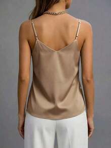 1 pieza Camiseta sin mangas de satén de unicolor elegante y de moda para mujer, adecuada para verano, citas por la noche, oficina, vacaciones, uso casual diario - Caqui - Ver 4