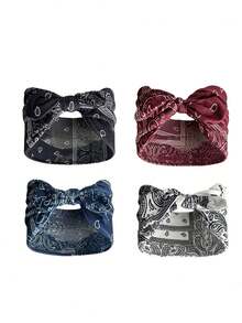 Set 4 Pcs Jilbab Wanita Motif Paisley Retro, Bando Pita Telinga Kelinci Lebar, Turban Elastis Lembut, Aksesori Rambut Retro untuk Sehari-hari & Olahraga - MultiWarna - View 4