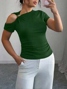 Camiseta de mujer de talla grande con decoración metálica y hombros descubiertos, para verano - Verde - Ver 3