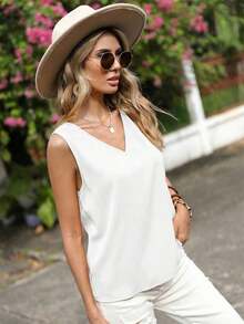 Blusa sin mangas de color sólido, casual para el verano - Blanco - Ver 3