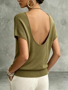 Bohemian Style Spring/Summer New Women's Holiday Olive Green Short Sleeve Knit Top, Boat Neck Design, Loose Raglan Sleeve, Solid Color Ribbed, Suitable For Daily, Commute, Party, Date, Casual, Vacation, Elegant Retro Versatile Simple Green Fashion Women Knit Sweater - Olive Green - View 6