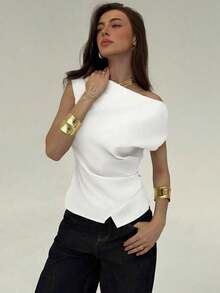 Blusa de oficina para mujer con cuello de barco, mangas cortas y corte cropped en color beige - Blanco - Ver 1