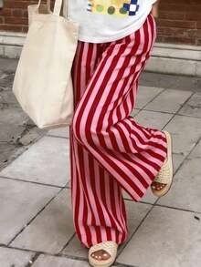 Pantalones sueltos y casuales a rayas para mujer, pantalones ligeros y cómodos de estilo bohemio elegante para primavera, verano y otoño, vacaciones en color rosa - Rosa - Ver 5