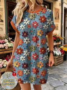 Vestido casual de mujer de cuello redondo y longitud media con estampado, para verano - Multicolor - Ver 4