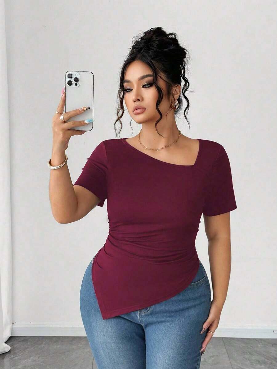 Camiseta de manga corta de cuello asimétrico para mujer talla grande, top ajustado versátil y elegante de alta gama, adecuado para primavera/verano - Burdeos - Ver 1